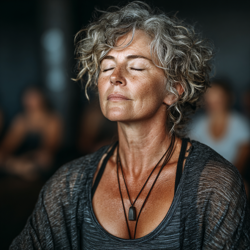 Група літніх людей займається йогою на природі