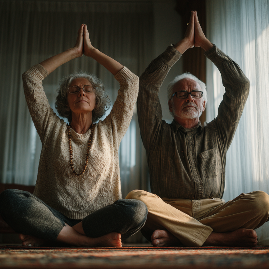 Інструктор йоги працює з літньою жінкою