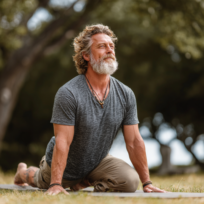 Літня пара займається йогою разом